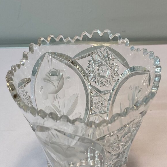 Antique American Brilliant Period Cut Glass Vase Etched Rose Stem ABS Small - Picture 7 of 14